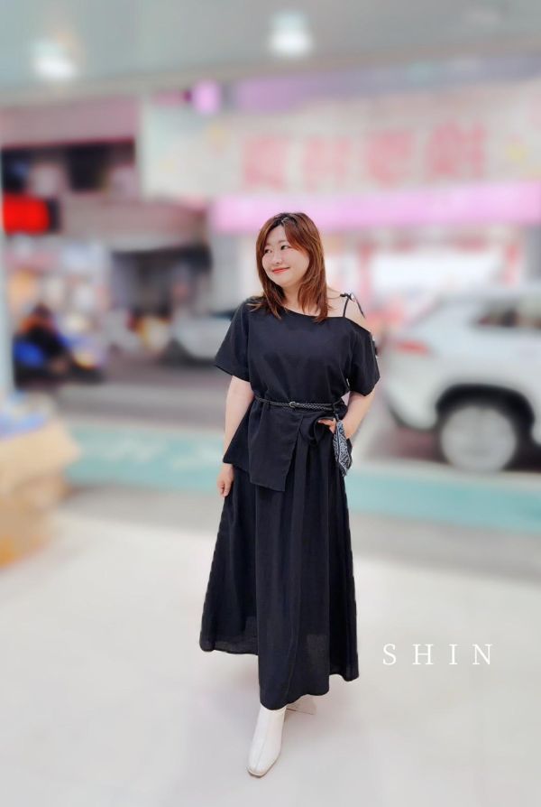 美的冒泡斜肩腰帶兩件套(粉/黑/藍) 