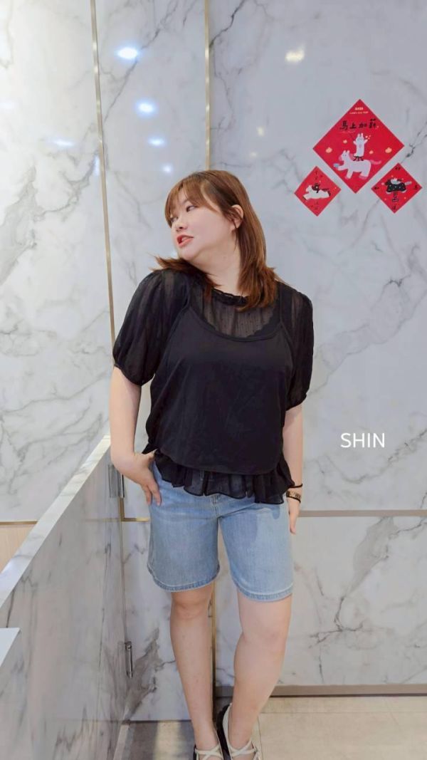 黑色個性點點雪紡真兩件上衣 