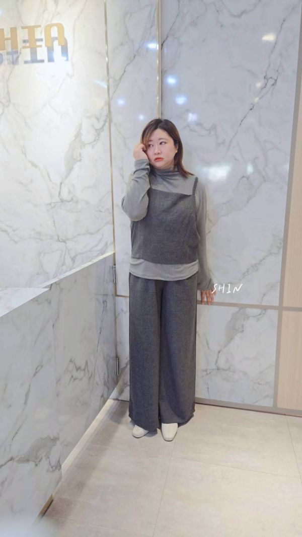 韓版毛呢編織真三件套裝(灰/咖) 