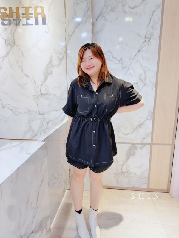 車線知性女孩襯衫褲套裝(藍/杏/黑) 