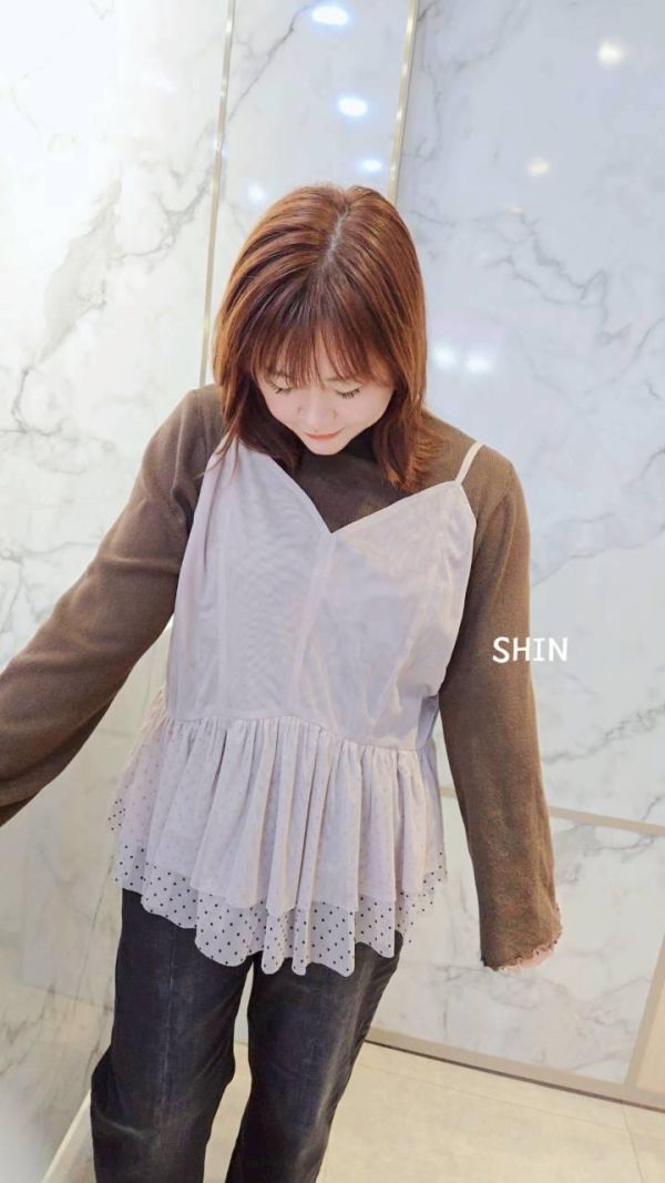 拼接吊帶網紗背心(灰/杏) 