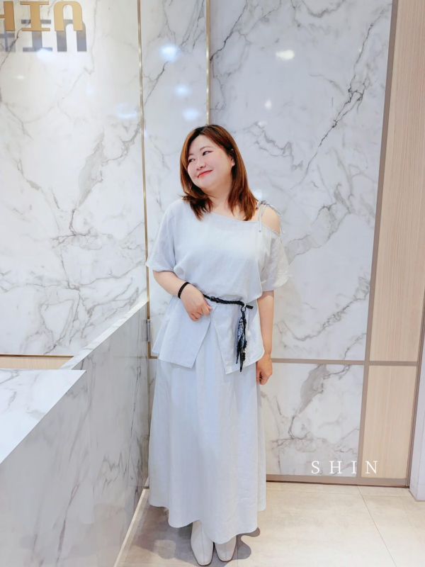 美的冒泡斜肩腰帶兩件套(粉/黑/藍) 