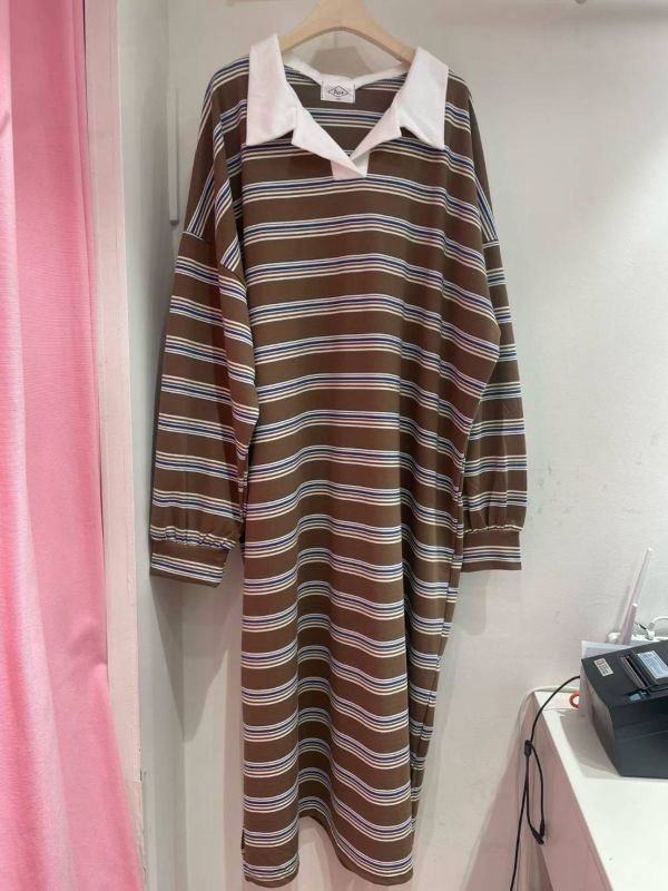 KOREA日系條紋領長版 