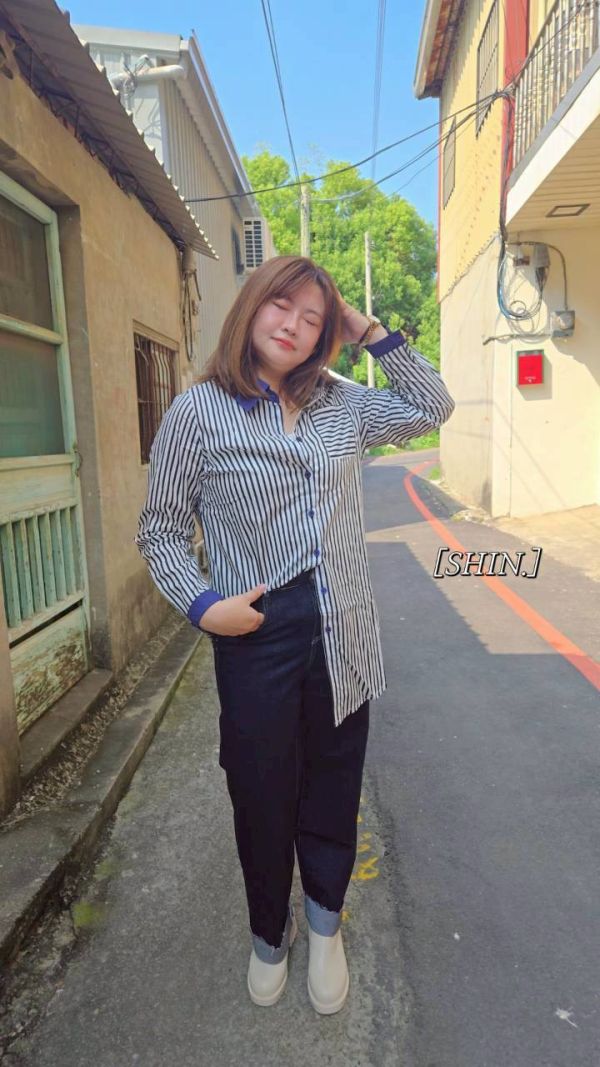 撞領條紋襯衫 