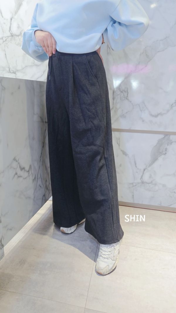 超長腿抽繩刷毛寬褲(黑/深灰) 