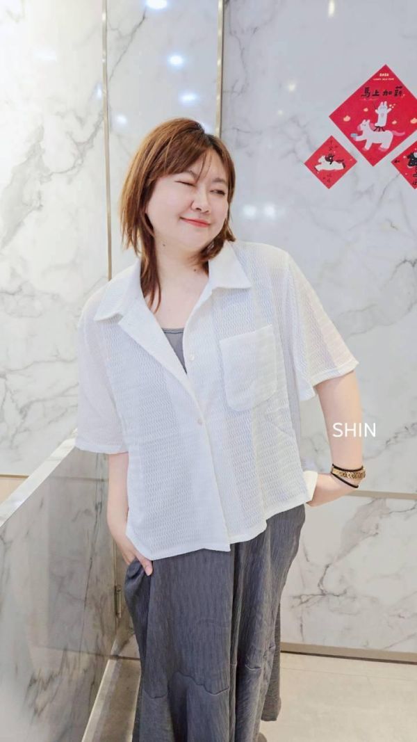 設計紋路短袖襯衫(灰藍/白) 