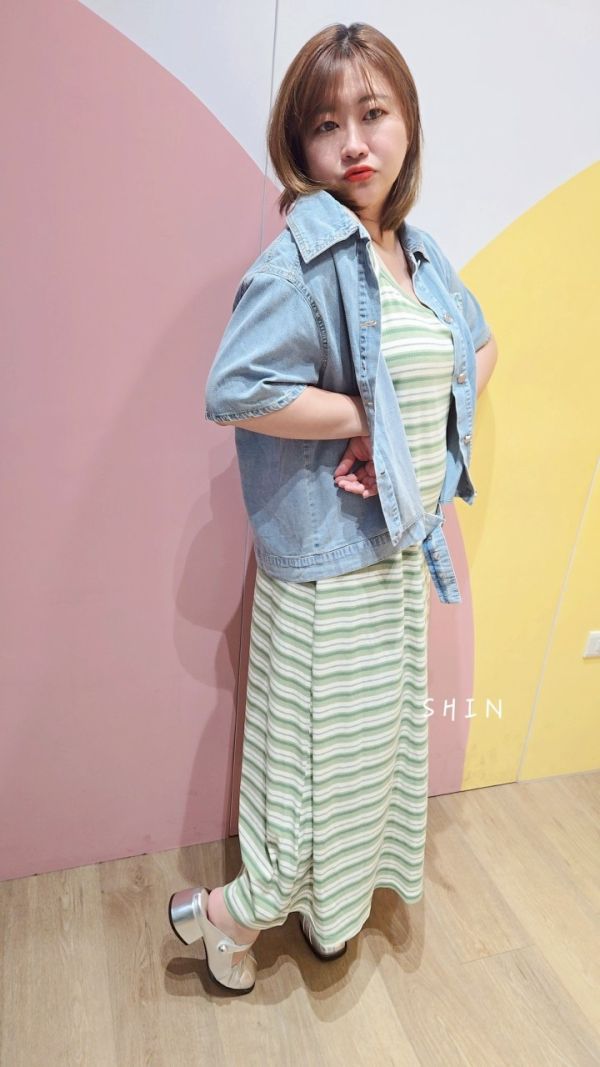 單寧少女復古重工牛仔襯衫+條紋洋 