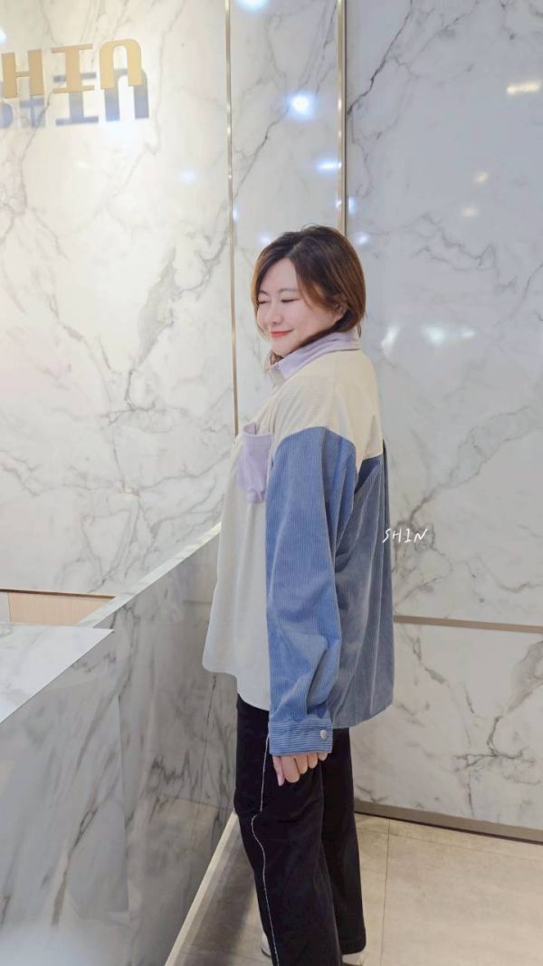 韓版燈芯絨撞色拼接襯衫(紫/灰/杏) 