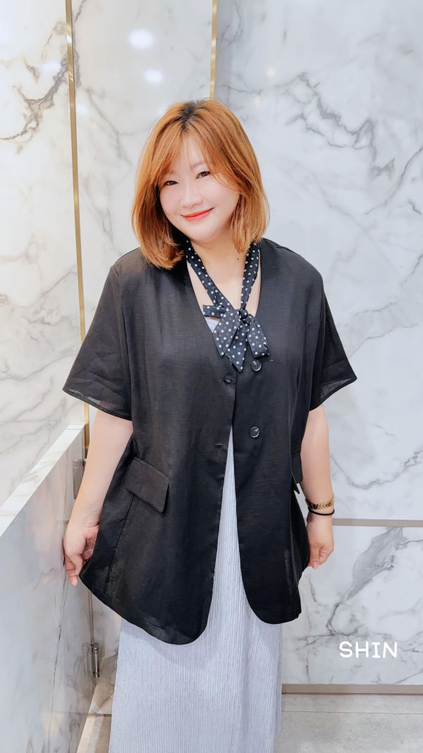 附波點綁帶亞麻西裝外套 