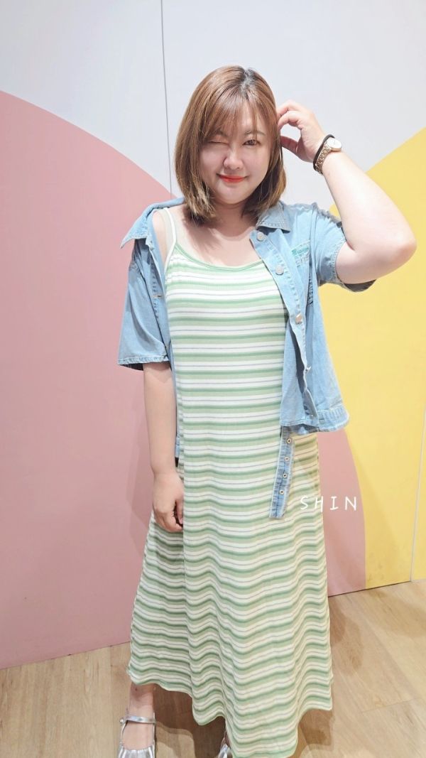 單寧少女復古重工牛仔襯衫+條紋洋 
