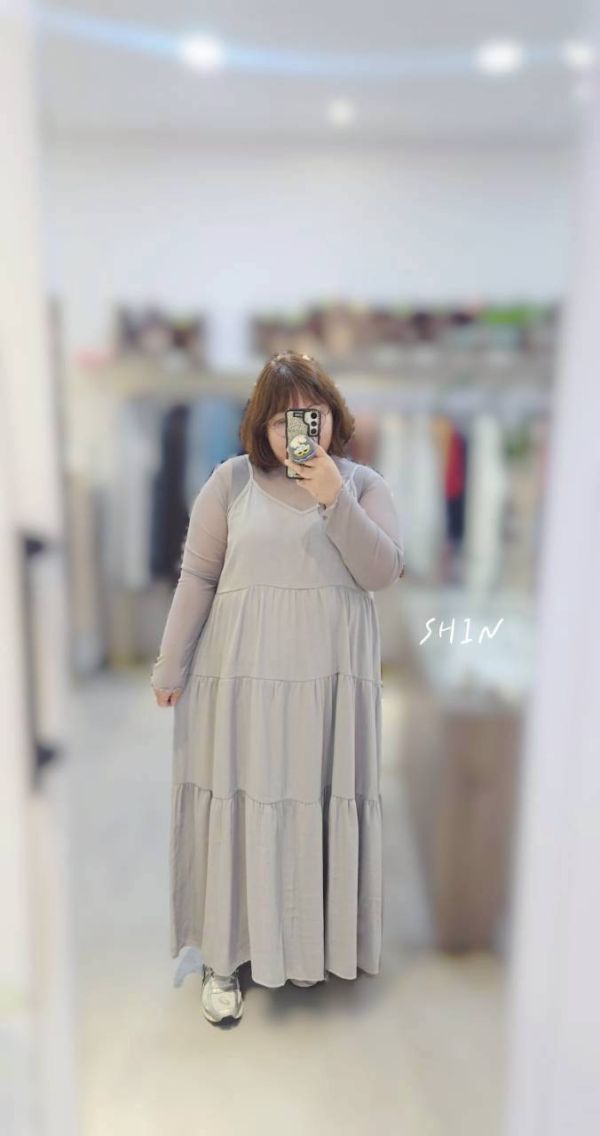 透膚木耳邊+細肩吊帶蛋糕洋(杏/灰/黑) 