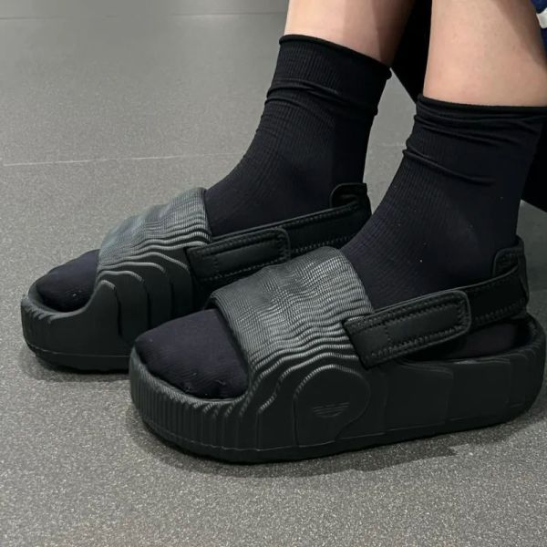 Adidas Adilette 22 XLG 全黑 黑色 半拖鞋 魔鬼沾 厚底 增高 水波紋 地形圖 涼鞋 拖鞋 