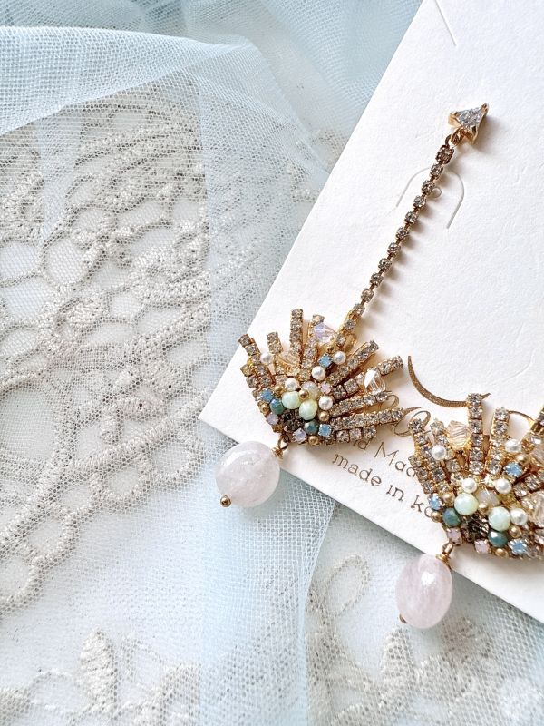 扇型水鑽垂墜原石耳環 