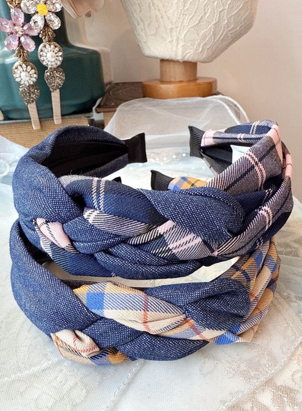 牛仔格紋麻花捲髮箍 