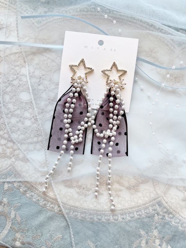 星星垂墜紫色系點點個性珍珠大耳環 