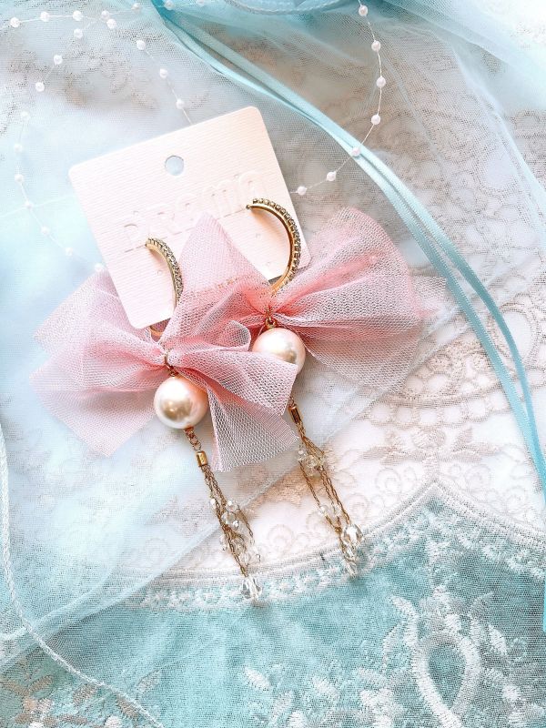 雪紡蝴蝶結水晶垂墜手工設計鋼針大耳環 