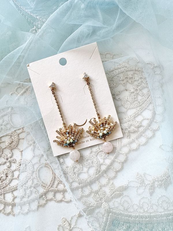 扇型水鑽垂墜原石耳環 