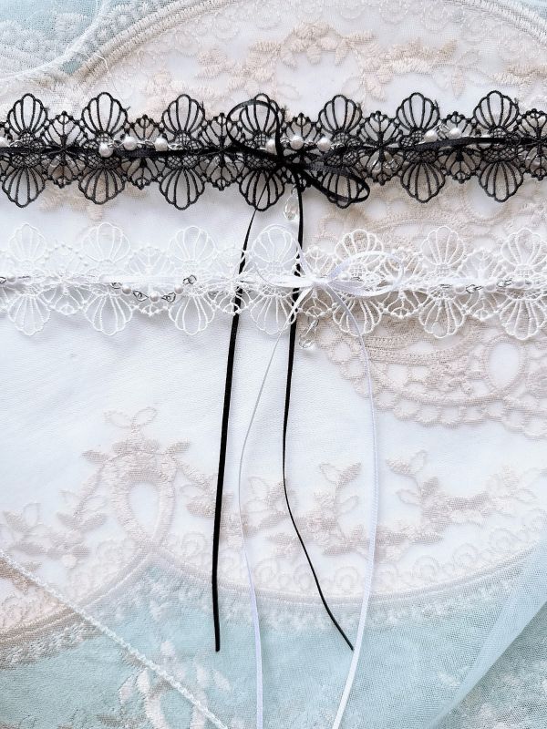 法式蕾絲珍珠垂墜蝴蝶結頸鏈 