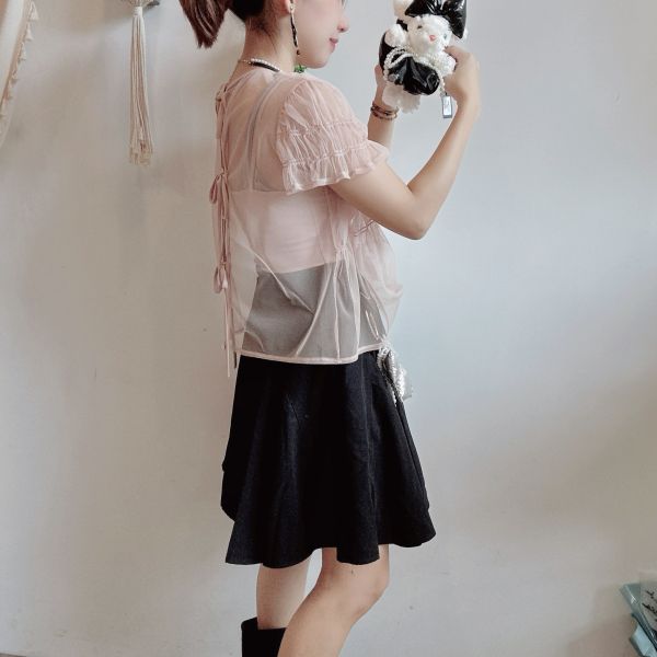 兩件式兩面穿彈性雪紡綁帶小罩衫 