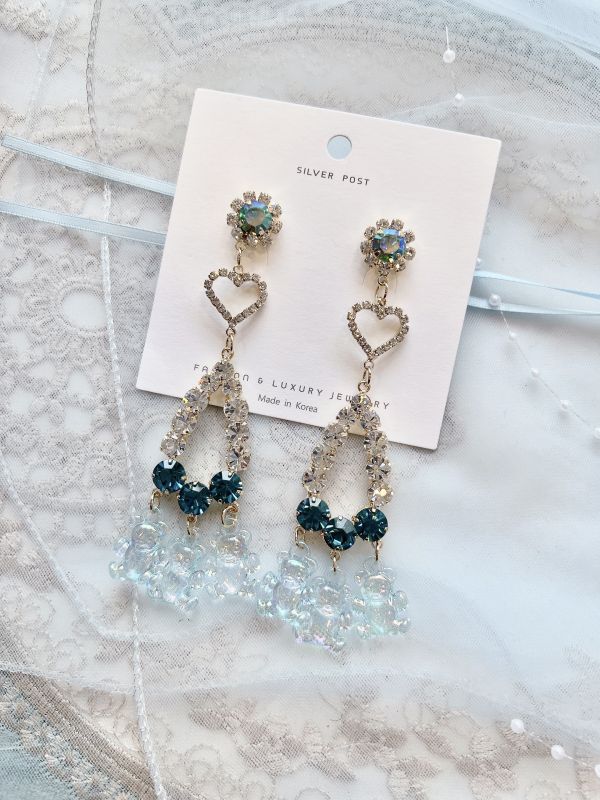 藍色系閃鑽垂墜可愛樹酯小熊大耳環 