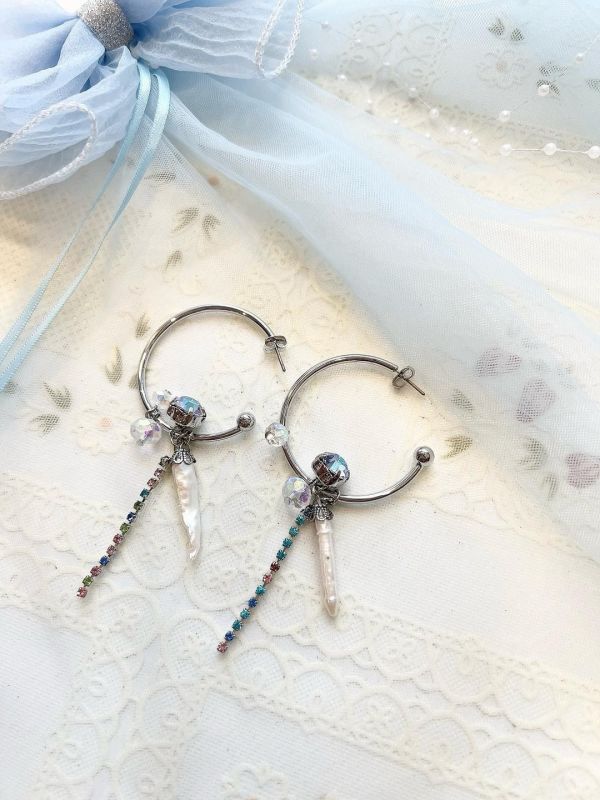 淡水珍珠水晶串圈狀鋼針耳環 