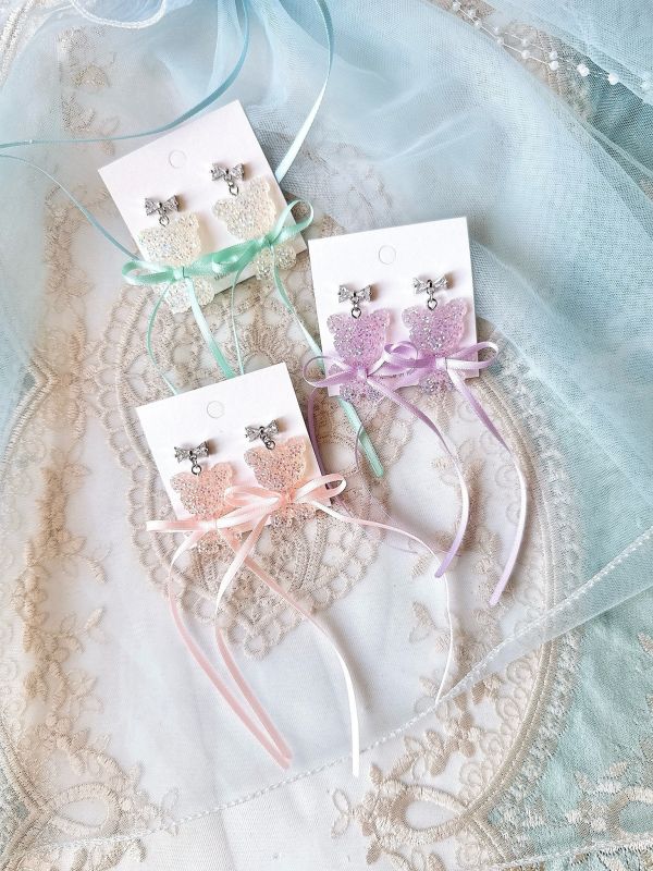 樹酯彩光緞帶小熊手工銀針耳環 