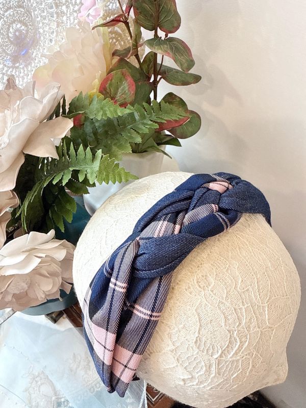 牛仔格紋麻花捲髮箍 