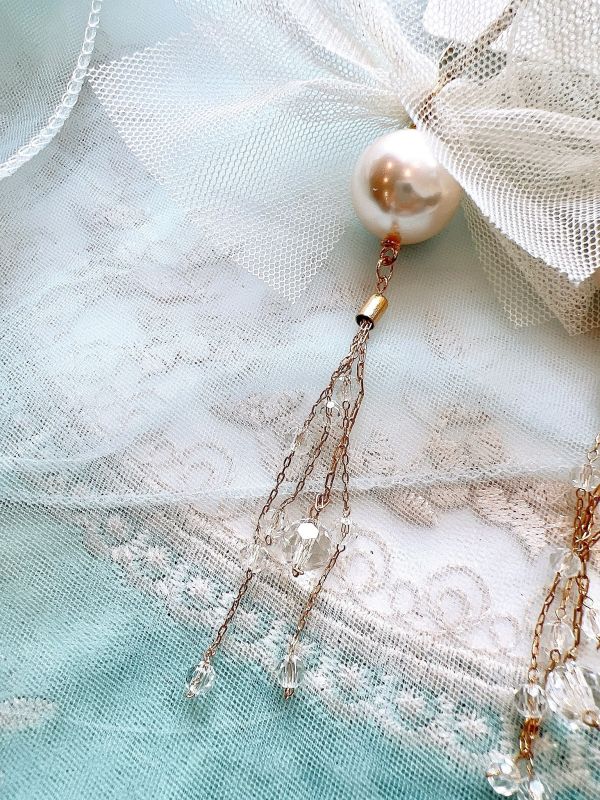 雪紡蝴蝶結水晶垂墜手工設計鋼針大耳環 