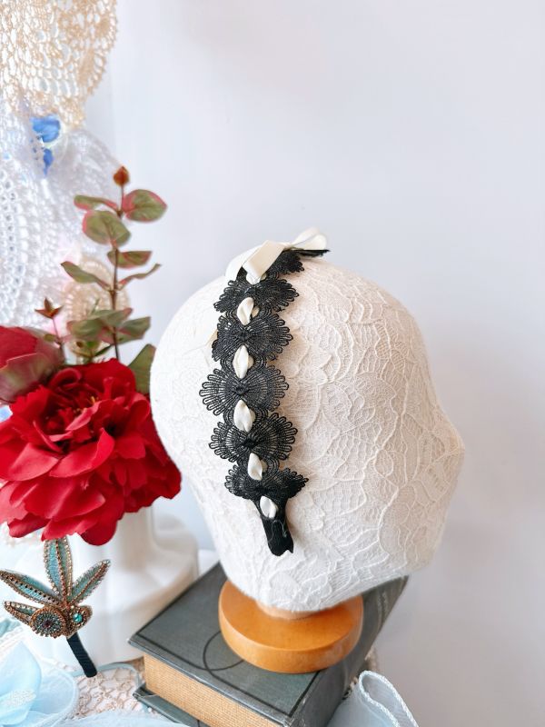 蕾絲交織緞帶精緻蝴蝶結髮圈 