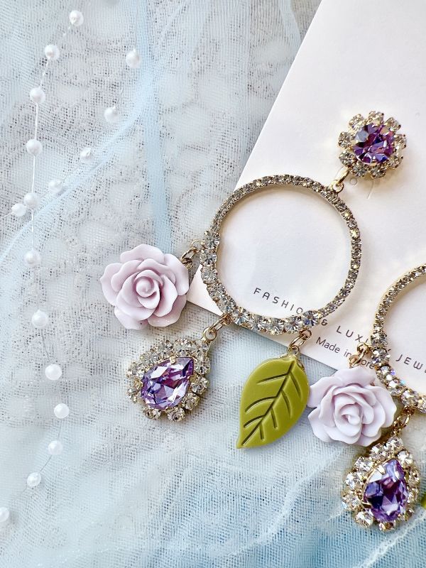 紫色華麗滿鑽樹酯玫瑰花大耳環 