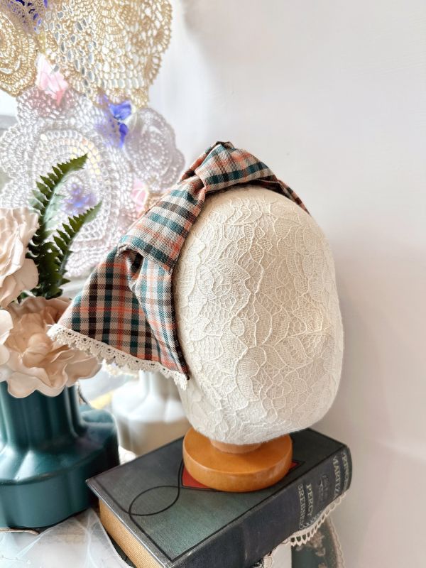 打結式仿帽格紋拼接蕾絲造型日系髮圈 