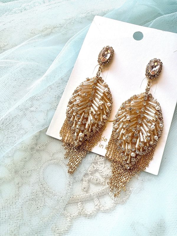 金碧奪目流蘇葉子造型銀針耳環 