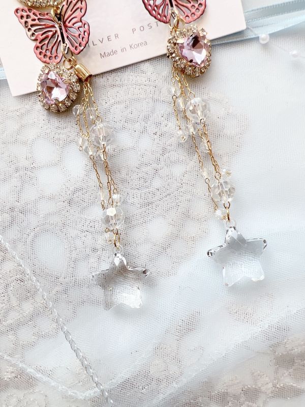 G型字母垂墜不對稱水晶大耳環（蝴蝶款） 