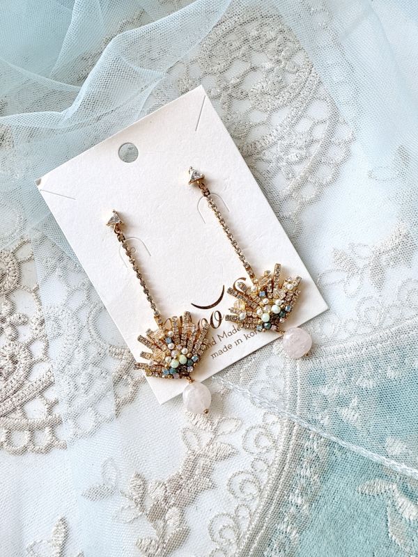 扇型水鑽垂墜原石耳環 