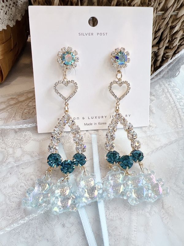 藍色系閃鑽垂墜可愛樹酯小熊大耳環 