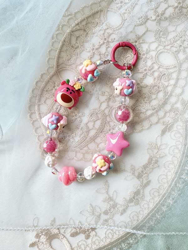 桃色糖果色串珠抱哥手機吊飾/掛墜 