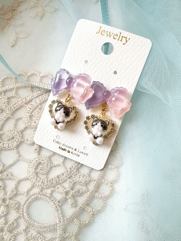 果凍感蝴蝶結垂墜可愛貓咪耳環 