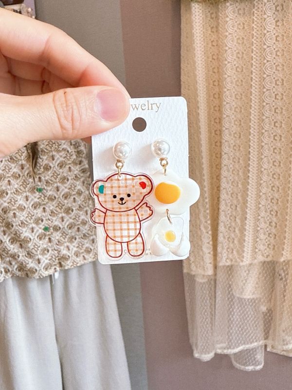可愛小熊配雞蛋不對稱耳環 