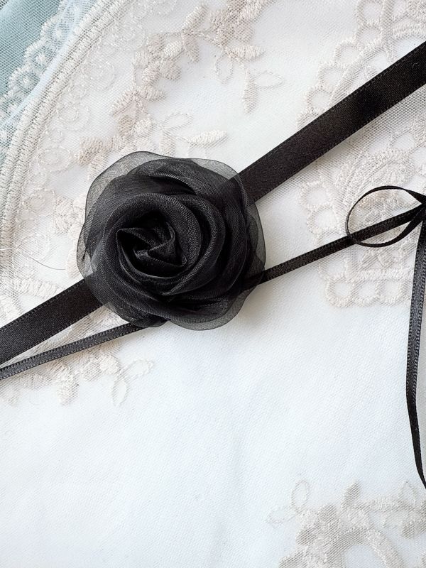 黑色優雅浪漫玫瑰雙層設計蝴蝶結頸鏈 