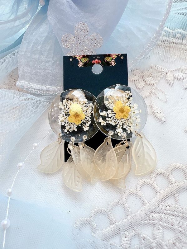 壓克力壓花垂墜樹酯葉片氣質鋼針耳環 