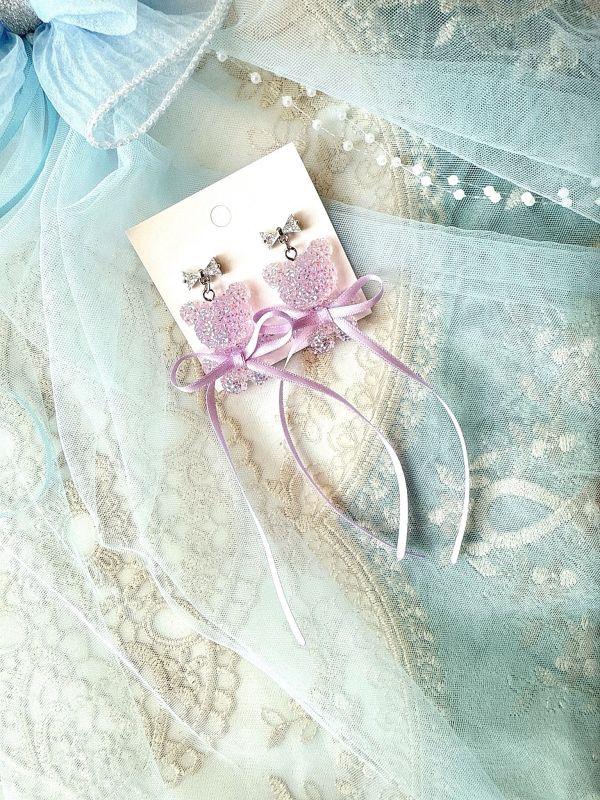 樹酯彩光緞帶小熊手工銀針耳環 