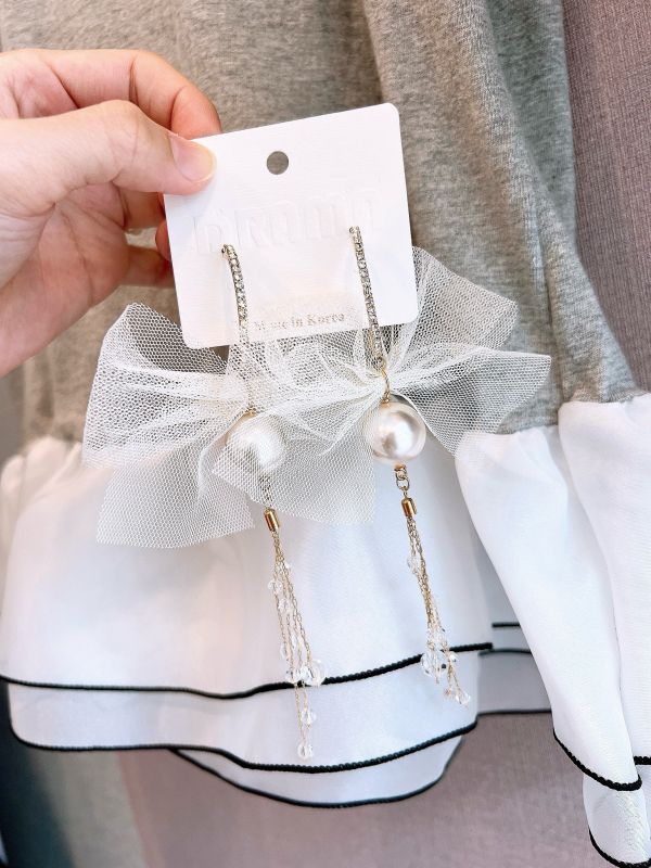 雪紡蝴蝶結水晶垂墜手工設計鋼針大耳環 