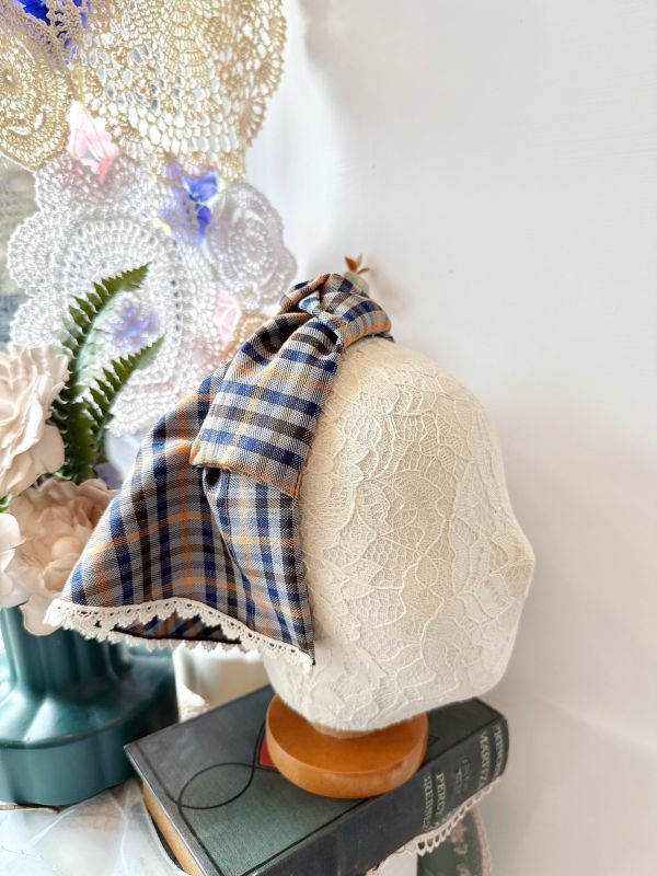 打結式仿帽格紋拼接蕾絲造型日系髮圈 