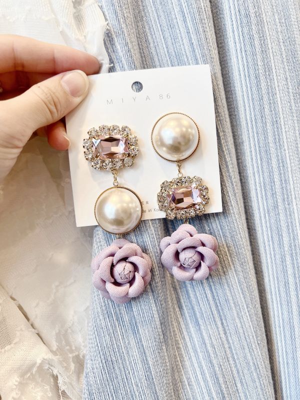 典雅紫玫瑰大閃鑽珍珠氣質大耳環 