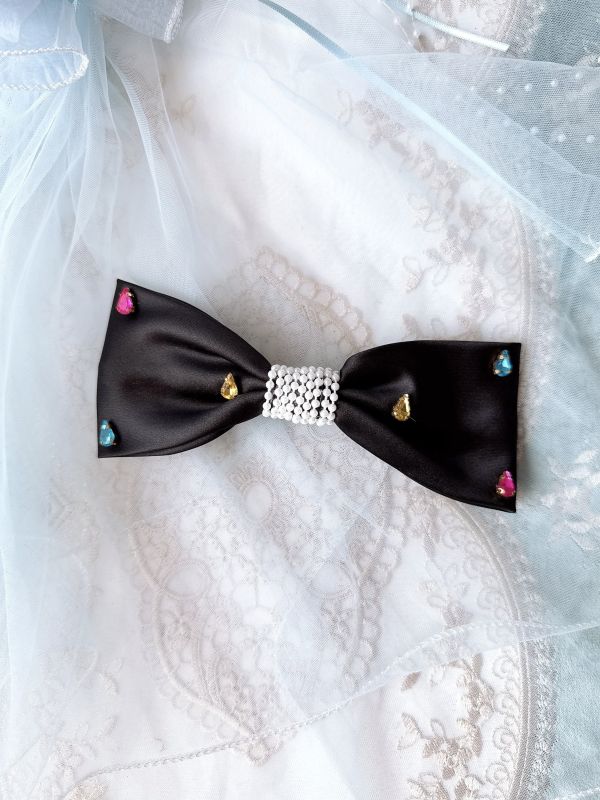 緞面彩虹水滴蝴蝶結髮夾彈跳夾 