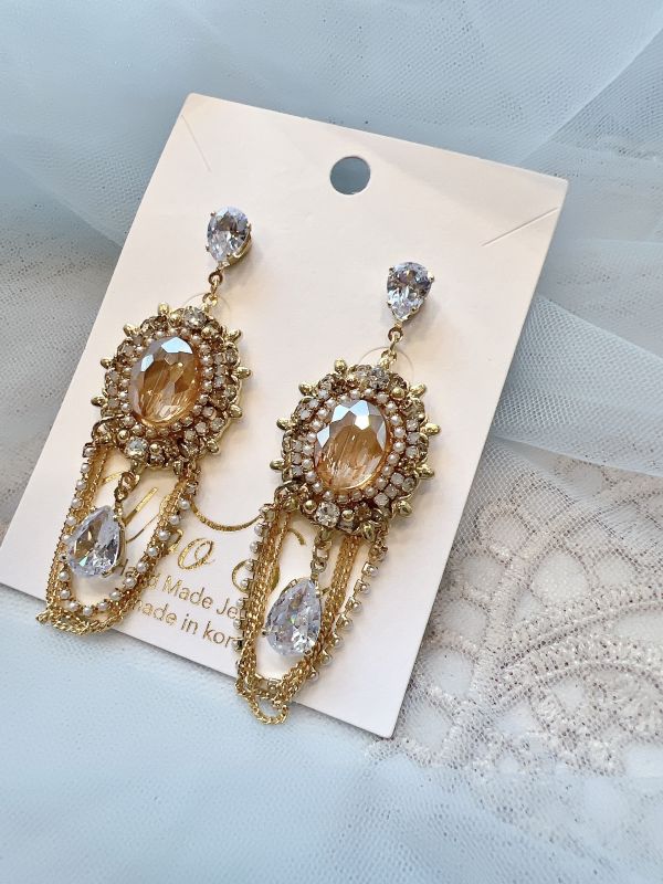 古典華麗珠寶感垂墜鋯石銀針鍍金耳環 