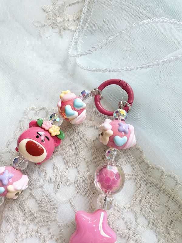 桃色糖果色串珠抱哥手機吊飾/掛墜 