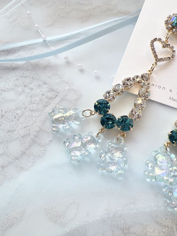 藍色系閃鑽垂墜可愛樹酯小熊大耳環 