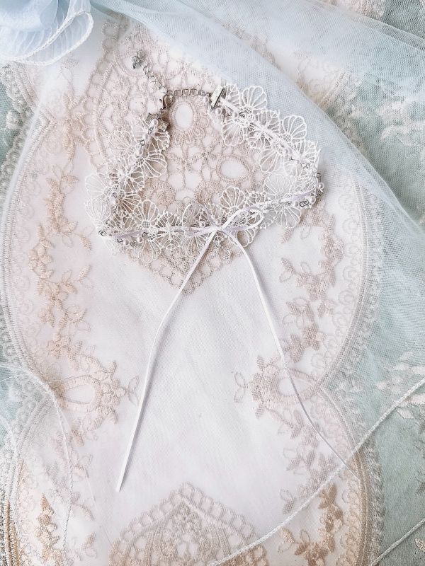 法式蕾絲珍珠垂墜蝴蝶結頸鏈 