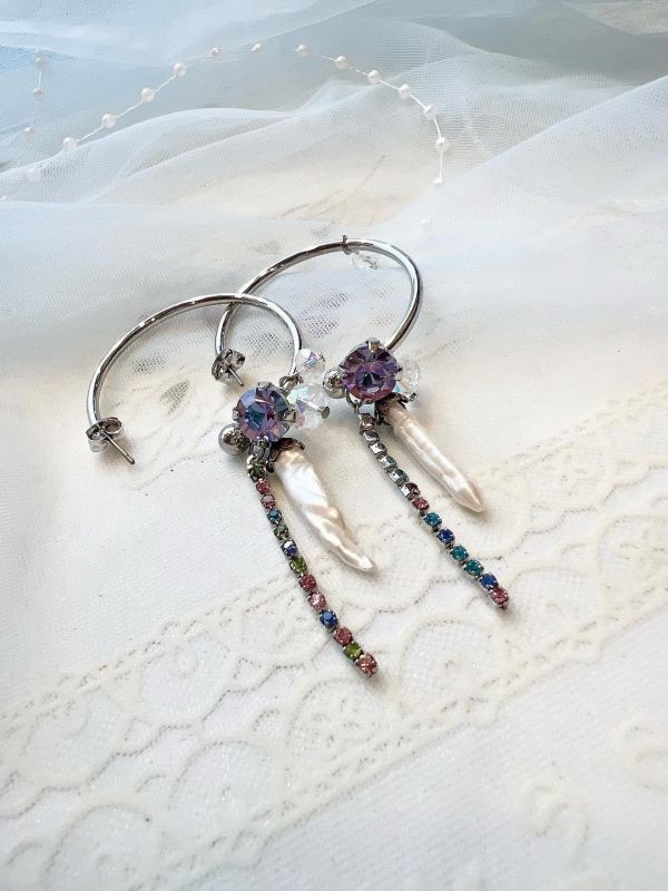 淡水珍珠水晶串圈狀鋼針耳環 